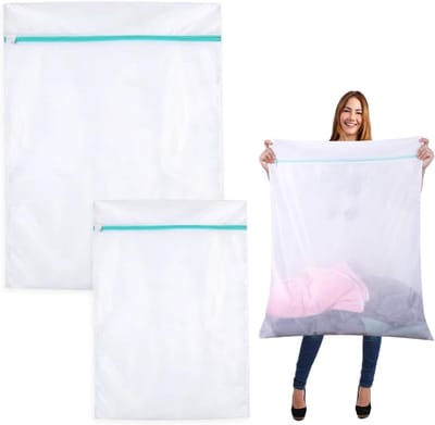 2 x Grote wasnet 60 x 80 cm + 90 x 110 cm Stevige polyester waszak met ritssluiting voor Jas Jurk - Beddengoed - Deken Laken - Quilt Tapijt - Gordijnen - Donsjack - Reisorganisator (wit)|Cyslmuk®