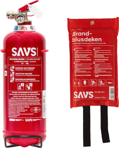 SAVS Brandblus box - Schuim Middel - Brandblusser schuim 2 liter & Blusdeken 100x100cm - Blusrating 5A 34B - Met montagebeugel & ophangoog - Schuimblusser & Branddeken voor o.a. thuis & bedrijf