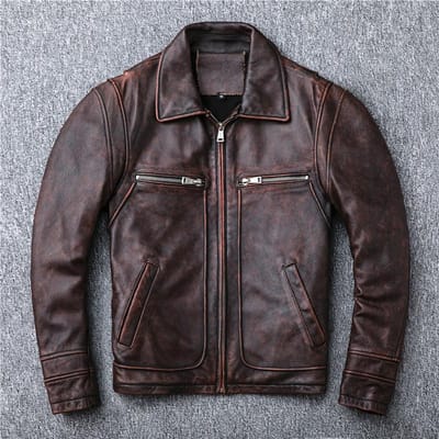 Distressed Motorfiets Retro Eerste Laag Koeienhuid Echt Lederen Jas voor Heren Revers Lederen Jas S