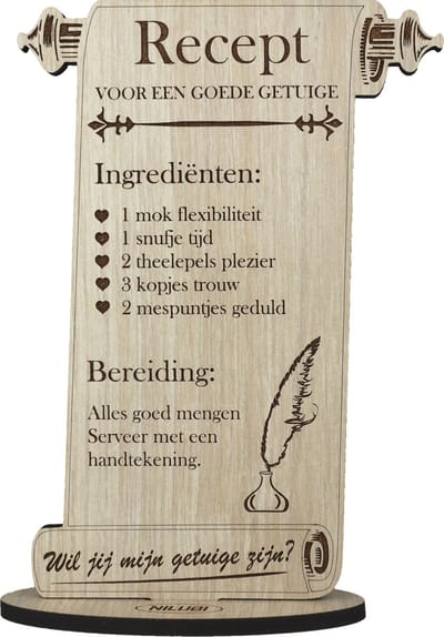 Recept getuige - houten wenskaart - kaart om iemand als getuige te vragen - 17.5 x 25 cm