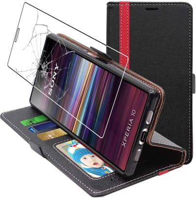 ebestStar - Hoes geschikt voor Sony Xperia 10 (2019), Wallet Etui, Book case hoesje, Zwart, Rood + Gehard Glas