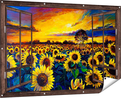 Gards Tuinposter Doorkijk Getekende Zonnebloemen Veld met Olieverf - 150x100 cm - Tuindoek - Tuindecoratie - Wanddecoratie buiten - Tuinschilderij