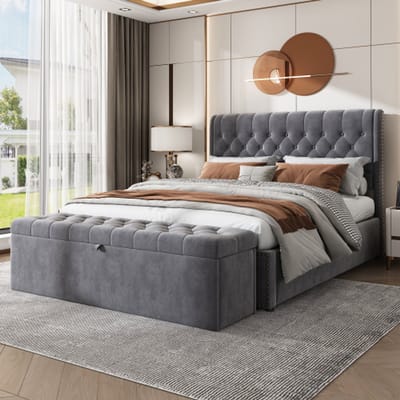 Polsterbed 140 x 200 cm met hydraulische bediening, lattenbodem, opbergruimte – Bankstijl in satijn grijs
