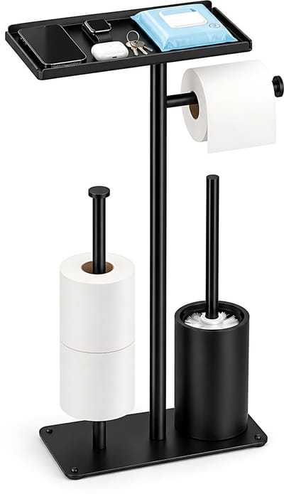 toiletrolhouder staand 4-in-1 - Zonder boren - Met plankje - toiletpapier houder - Toiletborstel-Reserverolhouder en Opbergplank - WC Organizer van Koolstofstaal - Stabiele Basis - 60 cm - zwart - Geschikt voor 3+1 WC papier rollen