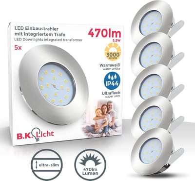 B.K.Licht - LED Inbouwspots badkamer - 5 stuks - dimbaar - badkamerlamp - ronde - spotjes inbouw - IP44 - Ø7.5cm - 3.000K - 450Lm - 5.5W - nikkel