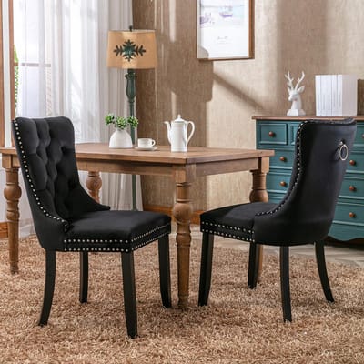 BLACKCOLORS Moderne eetkamerstoel van hoogwaardig fluweel met knopen, houten poten en spijkerstof, set van 2, zwart, DE2001BK