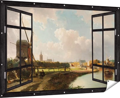 Gards Tuinposter Doorkijk Gezicht op Den Haag vanaf de Delftse Vaart in de Zeventiende Eeuw - Cornelis Springer - 180x120 cm - Tuindoek - Tuindecoratie - Wanddecoratie buiten - Tuinschilderij