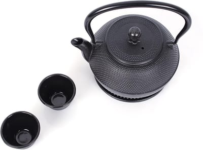 Famanu - Gietijzeren theeset, theepot 1,1 l, met uitneembaar zeefje, theepot met schoteltje en 2 theekopjes, vintage theepot voor losse thee, zwart