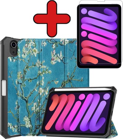 Hoesje - Geschikt voor Apple iPad Mini 6 (2021) - 8.3 inch - 6e Generatie - Met Screenprotector - Trifold Bookcase Hoes - Hard Cover Case - Met Uitsparing Geschikt voor Apple Pencil - Hardcover Book - Tablethoes - Bloesem