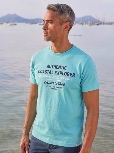 LERROS T-shirt met ronde hals van zacht katoen en 'summervibe'-print , Maat: S , Kleur: REEF BLUE , 100% katoen