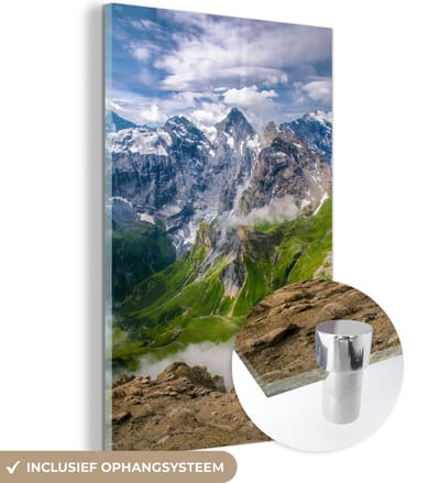 ® Glasschilderij 120x180 cm - Schilderij acrylglas - De Zwisterse berg Schilthorn tijdens de zomer - Foto op glas - Muurdecoratie woonkamer - Wanddecoratie slaapkamer - Schilderijen