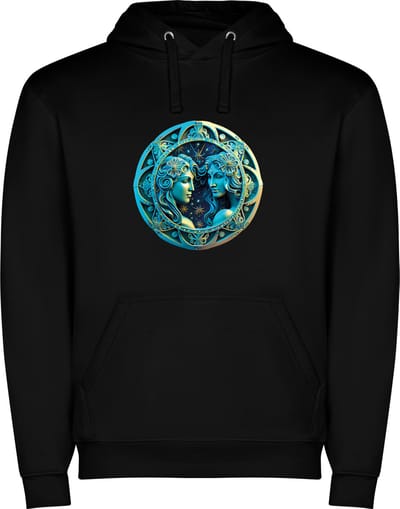 Zwarte unisex hoodie met “ Kleurrijke Sterrenbeeld Tweeling – Astrologie – Horoscoop – Zodiac Signs “ Print Full Color Color merk Roly maat S