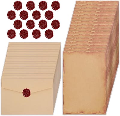 Vintage Briefpapier Set met Enveloppen en Waszegelstickers voor Liefdesbrieven, Bruiloft en Wenskaarten - 16 Stuks A5 Kraftpapier