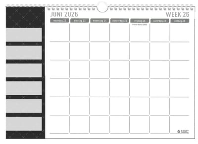 MGP Cards Familieplanner 2027 - 6 Namen- 18 maanden - Nederlandse en Belgische feestdagen - 1 juli 2026 t/m december 2027 - Kalender - Familyplanner - 34 x 24,5 cm - Zwart