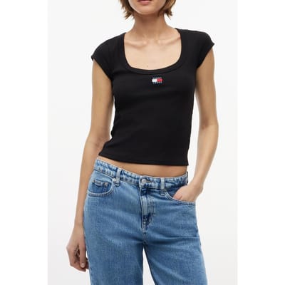 Tommy Hilfiger Slim Rib Badge Tee Black Taglia: S | Maglie Sportivi Outlet | Donna | Nero
