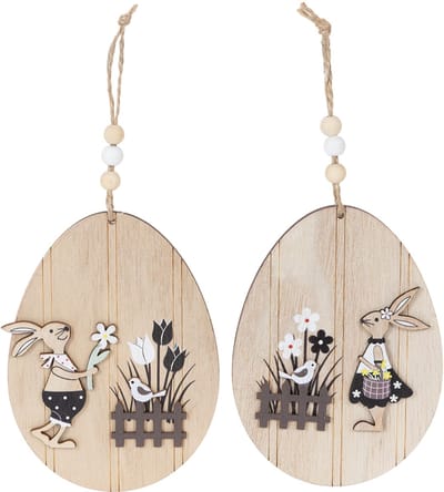 Hangende paaseieren, houten ei met konijn, naturel wit, 13 cm, 6 stuks