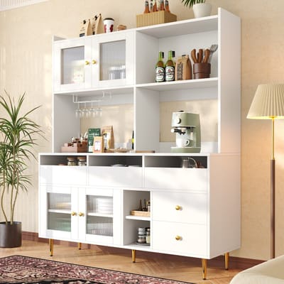 DESMIU Dressoir - Met Geribbeld Glas En Wijnrek - Meerlagige Opbergruimte Voor Eetkamer En Keuken - MDF En Metaal - 145x39x171 Cm - Wit