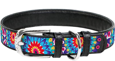 WAUDOG Flower Halsband / Hondenhalsband - Echt Leder - Zwart - Full Colour Print - Breedte: 12 mm - Nekomtrek: 19 - 25 cm (GELIEVE ALVORENS BESTELLEN OPMETEN)