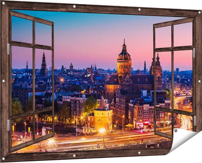 Gards Tuinposter Doorkijk Amsterdam Skyline bij Zonsondergang - 150x100 cm - Tuindoek - Tuindecoratie - Wanddecoratie buiten - Tuinschilderij