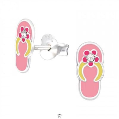 Zilveren kinderoorbellen - oorstekers roze slippers - kristal 925