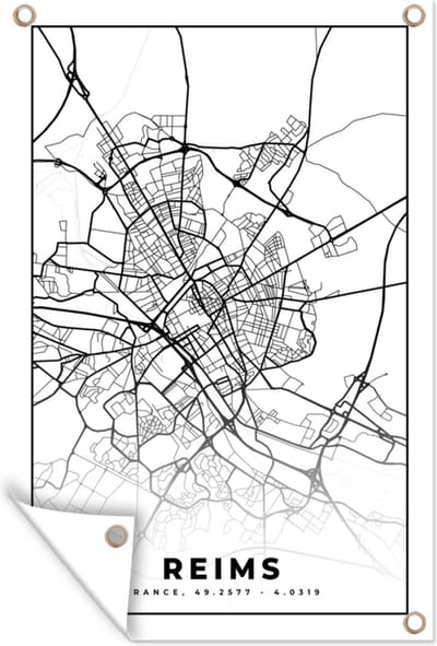 Muurdecoratie Kaart - Plattegrond - Reims - Frankrijk - Stadskaart - Zwart wit - 120x180 cm - Tuinposter - Tuindoek