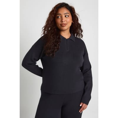 boohoo Dames Plus Premium Gebreide Top met Lange Mouwen, Kraag en Ribstructuur | Houtskool | Maat: 46