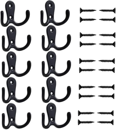 JGS ® Vintage Zwarte Dubbele Wandhaken Set van 10 voor Diverse Opbergruimtes in Huis