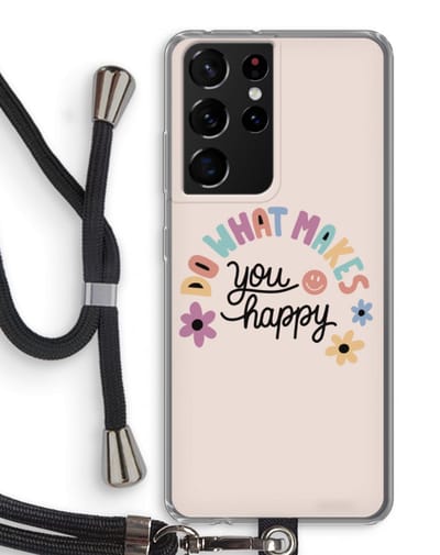 Case Company® - Hoesje met koord geschikt voor Samsung Galaxy S21 Ultra hoesje met Koord - Happy days - Telefoonhoesje met Zwart Koord - Bescherming aan alle Kanten en Over de Schermrand
