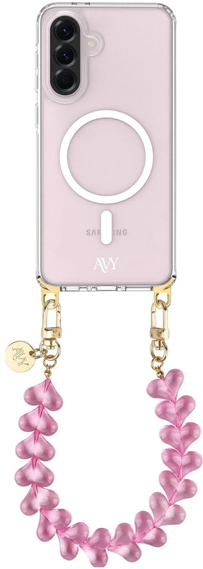 AVY Hoesje geschikt voor Samsung Galaxy A56 / A36 | Compatibel met MagSafe | Clear Case met Telefoonkoord 30CM | Polsband Cupid Clear Pink