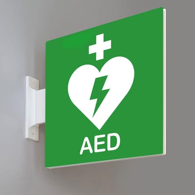 Bordje AED – Dubbelzijdig Uithangbord (Flag Sign) – AED pictogram – Zichtbaar vanuit meerdere Richtingen – Wand of Plafond – 15 x 15 cm – 3D-geprint