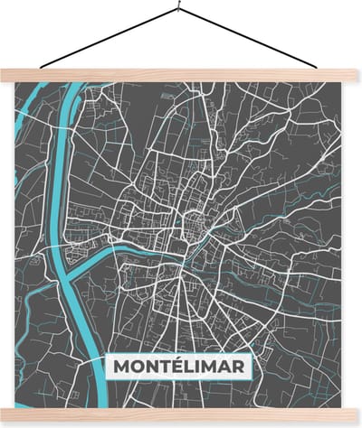 Posterhanger incl. Poster 40x40 cm - Schoolplaat - Montélimar - Frankrijk - Stadskaart - Kaart - Plattegrond - Textielposter - Blanke latten - Stadskaart