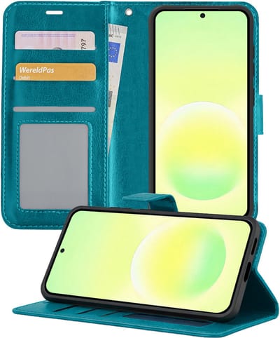 Hoesje - Met Pasjeshouder - Geschikt voor Samsung Galaxy A57 - Luxe Bookcase Portemonee - Flip Case - Kunstleer Book Case - Flipcase - Book Cover - Walletcase - Portemonneehoes - Telefoonhoesjes - Turquoise