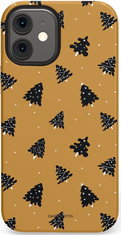 Casetastic hoesje geschikt voor Apple iPhone 12 Mini - Dubbellaagse bescherming - Zwarte Kerstboom Feest - Fashion Case - Goud Donkergrijs Taupe