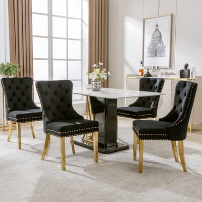 MODFU Eetkamerstoel set van 4, velvet bekleding, metalen poten, met deurklopperdetail, zwart/goud