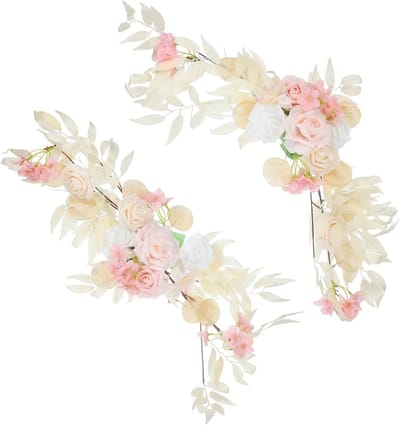 Tweedehands Bruiloft Boog Bloemen, 2 Stuks Kunstzijde Rozen Swags met Bladeren voor Ceremonie, Ontvangst en Feestdecoratie, Lichtroze/Crème