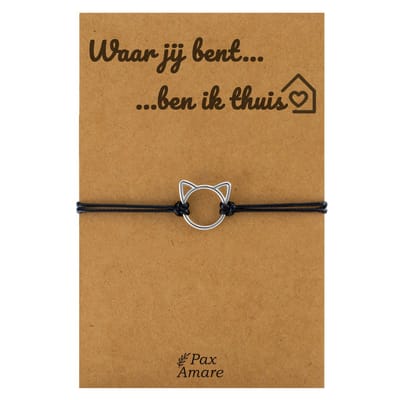 Pax Amare Armbandje met Schattig Katje "Waar jij bent ben ik thuis" - Vriendschapsarmbandje Cadeau - BFF Armband Cadeau - Zwart & Zilverkleurig