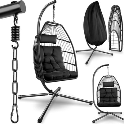 tectake® Luxe Hangstoel - Opvouwbare en draaibare Egg Chair met Standaard - Dikke Kussens - Antislipvoeten - Inclusief Beschermhoes - Ideaal voor Tuin, Terras en Slaapkamer - Zwart