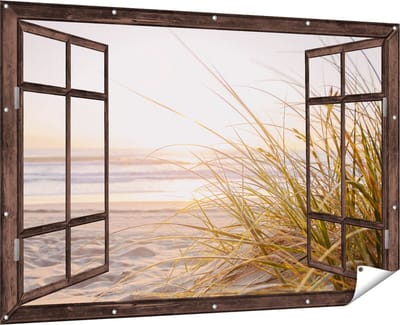 Gards Tuinposter Doorkijk Strand en Duinen tijdens Zonsondergang - 180x120 cm - Tuindoek - Tuindecoratie - Wanddecoratie buiten - Tuinschilderij