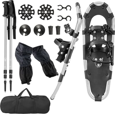 COSTWAY 4-in-1 sneeuwschoenenset, schoenmaat 38-45, sneeuwschoenen met dubbel ratelbindsysteem, aluminium frame, trekkingstokken en draagtas, beenkappen, voor heren en dames