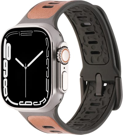 Stravo Sport Siliconen Horlogeband met Leerstructuur – Ademend Design met Contrasterende Kleuren – Geschikt voor Apple Watch 46mm (Series 11/10), 45mm (Series 9/8/7), 44mm (Series 6/5/4, SE 3/2/1), 49mm (Ultra 1/2/3) – Grijs/bruin