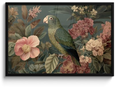 Poster in lijst - Fotolijst 90x60 cm - Posters - Groene papegaai - Kleurrijke bloemen - Donkere achtergrond - Posterlijst zwart - Decoratie - Wanddecoratie woonkamer - Muurdecoratie slaapkamer