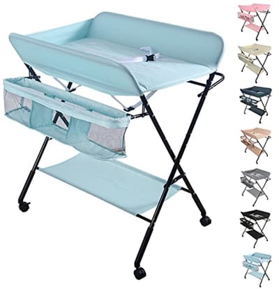 Opvouwbare en Draagbare Verschoontafel voor Baby - Hoogte Verstelbaar, Met 4 Wielen, Giraffe Patroon - 74 x 63 x 92-98 cm (hemelsblauw)