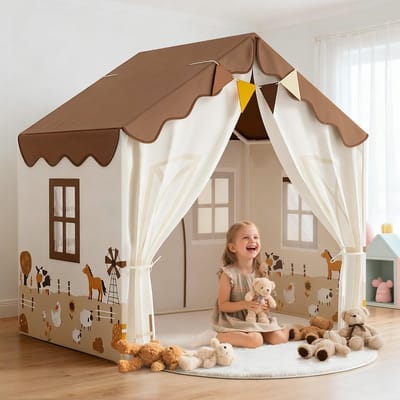 EagleStone Kinderspeeltent met Zachte Speelmat & Slingers - Speelhuisje voor Binnen - Vanaf 3 Jaar - Beige