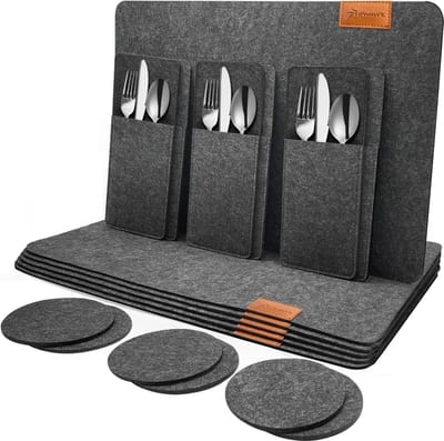 Wasbare vilten placemats set van 18 stuks - grijs - voor tafeldecoratie met onderzetters en bestekzakjes