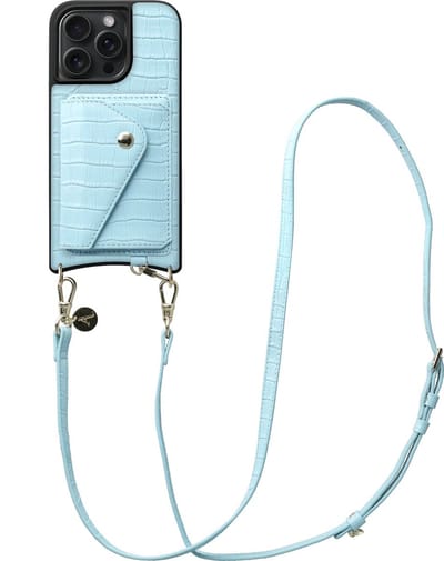 AVY Leren Hoesje geschikt voor Apple iPhone 15 Pro Max | Met Koord en Kaarthouder | Compatibel met MagSafe | Leather Case met Crossbody Koord & Wallet | Long Leather | Croco Blauw