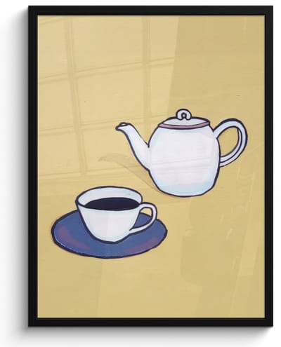 Poster in lijst - Fotolijst 50x70 cm - Posters - Theepot - Kopje - Beige - Illustratie - Posterlijst zwart - Decoratie - Wanddecoratie woonkamer - Muurdecoratie slaapkamer