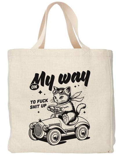 Creasowl® - On my way to f*ck shit up tote bag - Boodschappentas 38 x48 cm - Polylinnen- Kat tas - Shopper - Canvas tas - Boodschappen tas - Totebag - Schoudertas - Draagtas - Katten mama