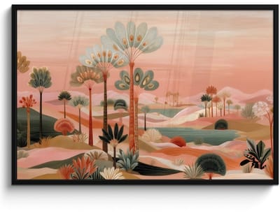 Poster in lijst - Fotolijst 120x80 cm - Posters - Roze landschap - Palmen - Water - Posterlijst zwart - Decoratie - Wanddecoratie woonkamer - Muurdecoratie slaapkamer