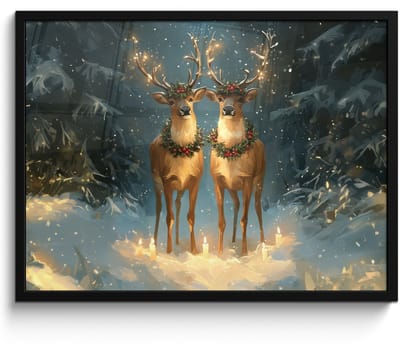 Poster in lijst - Fotolijst 80x60 cm - Posters - Dennensprookje - Rendier - Nacht - Posterlijst zwart - Decoratie - Wanddecoratie woonkamer - Muurdecoratie slaapkamer