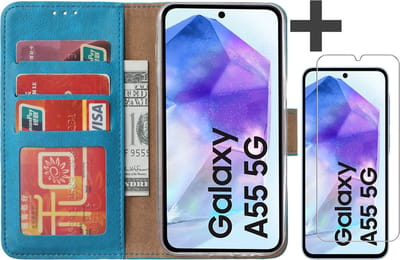 Hoesje met Screenprotector Geschikt voor Samsung Galaxy A55 – Arara bookcase met pasjeshouder - Blauw